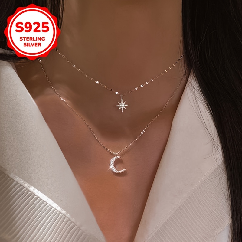 

A Stylish Pendant Necklace For Women With Stars And , Double-layered With Synthetic Zirconia Inlaid Necklace, 3 Grams Of 925 Silver. , Dates, Or As A Valentine's Day Gift.