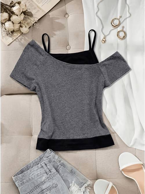 modisches mädchen-t-shirt mit farbblock-design, trägerlos, 2-in-1-look, kurzarm, bequem trendy für den , als oberteil für frühling, sommer herbst, y2k, -style, coole streetwear, japanischer koreanischer stil