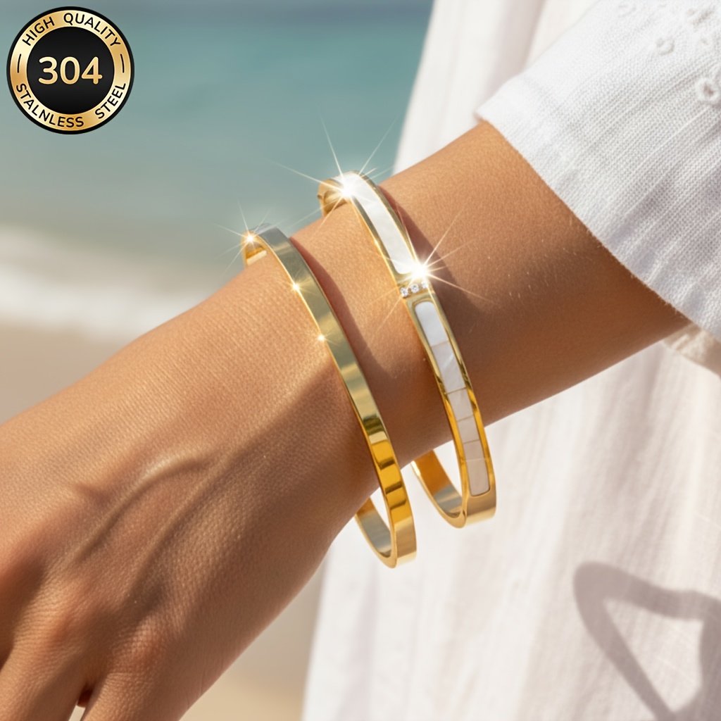 TEMU Lot de 2 bracelets pour femme en acier inoxydable 304 plaqué or , étanches, résistants à la décoloration et hypoallergéniques, bijoux pour femme