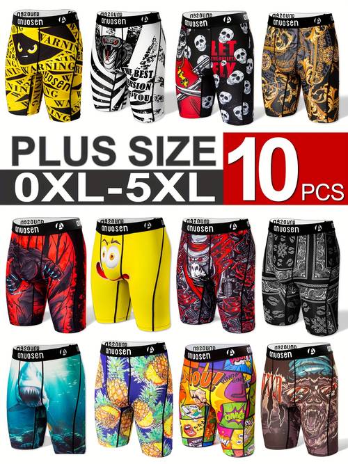 10pcs Plus Size Men s Long Boxer Briefs - Valentine s Day Gift for Boyfriend, Random Assortment: Plant & Letter Print, Cartoon Stripes, Animal Patterns, Extended Length, Anti-Chafing, Breathable Elastic Underwear, Extra Large Printed Boxers, Oversized Athletic Shorts, Plus Size Stretchy Men s Trunks, PLUS SIZE