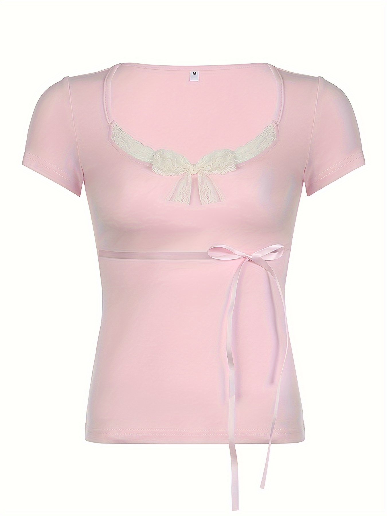 ★ILLIGO★ Ribbon fitted t-shirt pink y2k contrast lace ribbon bow detail fit t shirt black - Temu