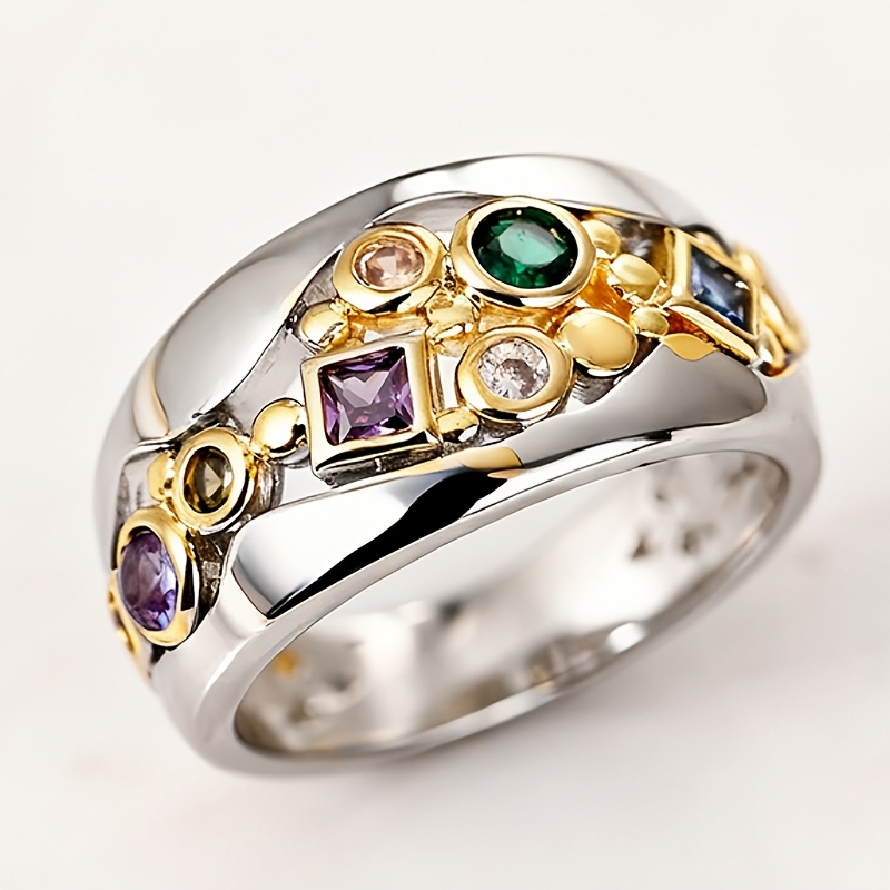 Image of Fashion 2 Tone Wide Ring Exquisite Inlay Colorful Synthetic Zirconia Ring For Women Men Daily Party Holiday Personality Ring Jewelry