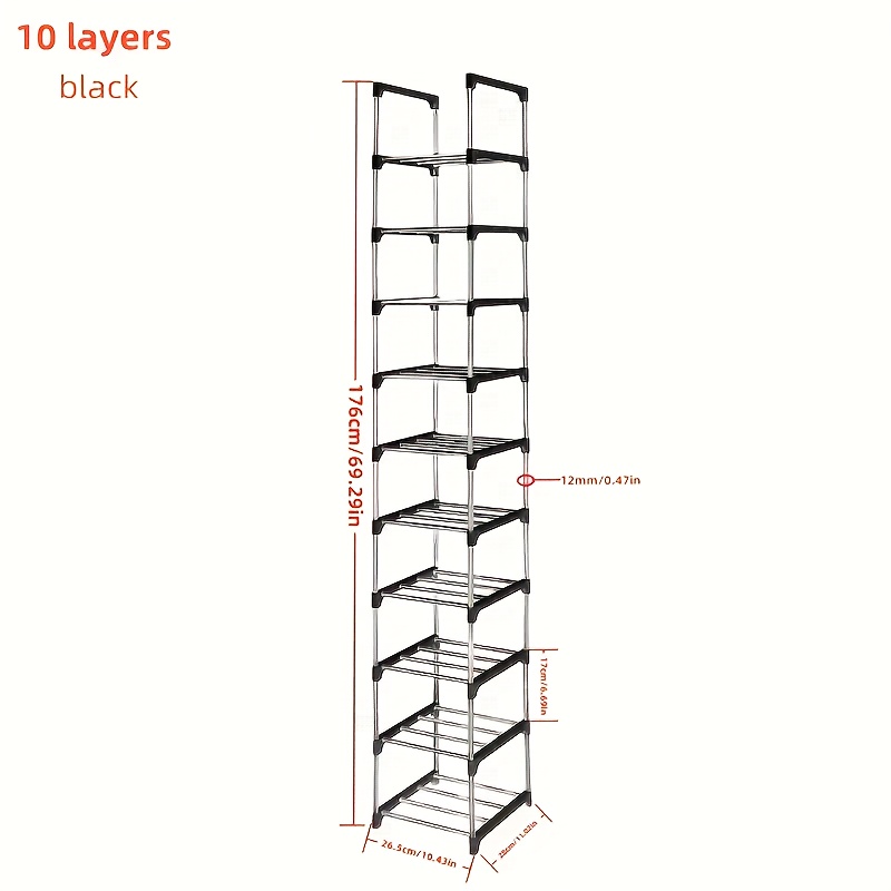10 - Layer Metal Narrow Shoe Rack, Sturdy And Durable, Space - . Used As A Shoe And Boot Storage Rack At The Entrance, In The Bedroom, Bathroom, Dormitory Or Rental House., Standing Shelf