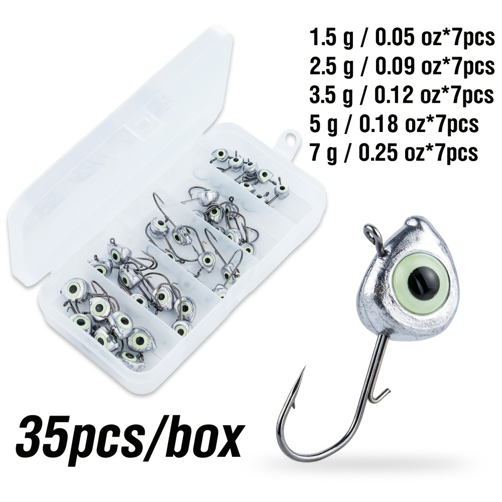 TEMU 35pcs/box Luminous Jig Head Fishing Hooks, High Carbon Steel Weighted Lead Jig Head With Bait Keeper For Crappie Trout Panfish Freshwater