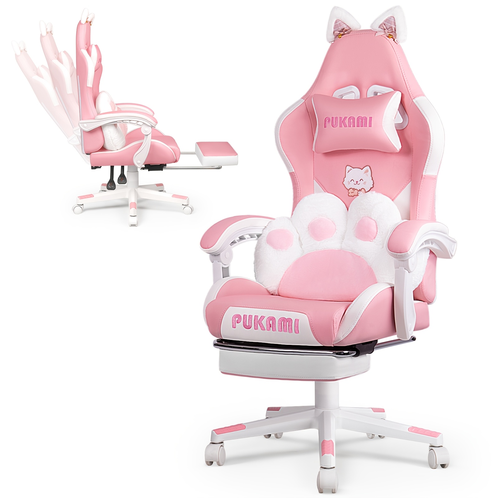 TEMU Chaise de jeu rose mignonne avec oreilles de chat et coussin lombaire de , chaise d'ordinateur ergonomique pour fille avec -pieds et appui-tête,