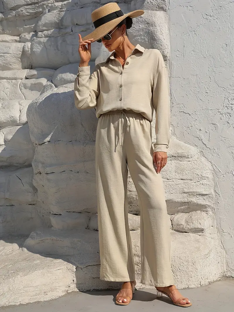 womens solid color long sleeve shirt elastic waist drawstring pants two piece set apricot 2