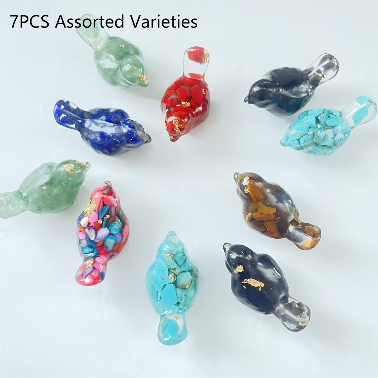 TEMU Verzamelbare Beeldjes 7-delige Set Willekeurige Kleur Natuurlijke Kristallen Lijm Vogel Ambachten, Kristallen Decoratieve Ornamenten, Kristallen