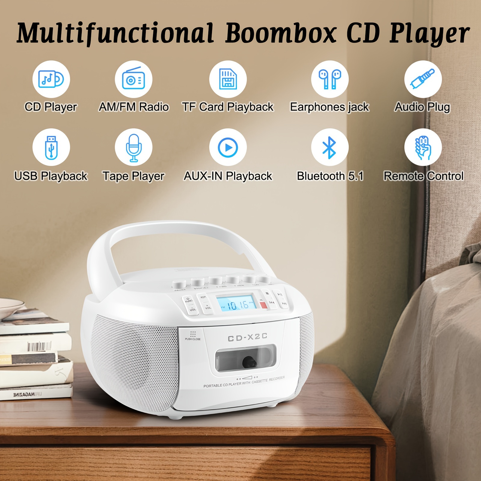 cd player boombox cassette player combo with bt am fm radio   with remote control aux usb drive tape recording ac   powered headphone jack lcd display for home gift details 3