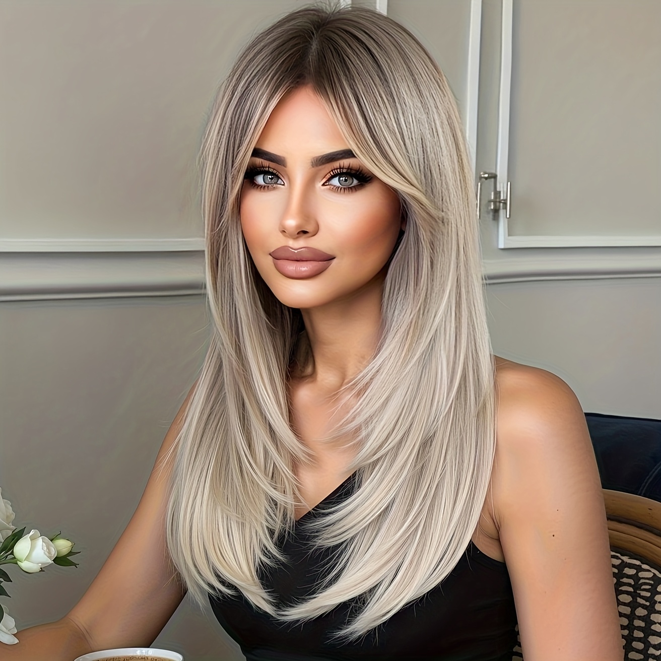 TEMU 22" Platinum Blonde Long Straight Wig For Women - Matte High-temperature Synthetic Hair With , Layered Look, Versatile Style For All