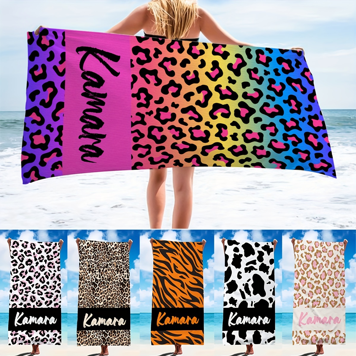 

1pc Customized Beach Towel, Leopard Pattern Personalized Beach Blanket, Super Absorbent & Quick-drying Swimming Towel, Suitable For Beach Swimming Outdoor Camping Travel, Ideal Beach Essentials