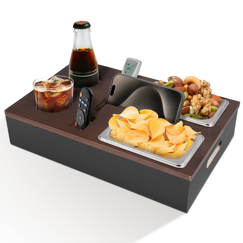 Image of Wooden Sofa Tray With Removable Lid And Magnetic Closure, Snack Organizer Tray With 2 Drink Holders And Bottle Opener, Multipurpose Serving Board For Couch, Garden, Outdoor