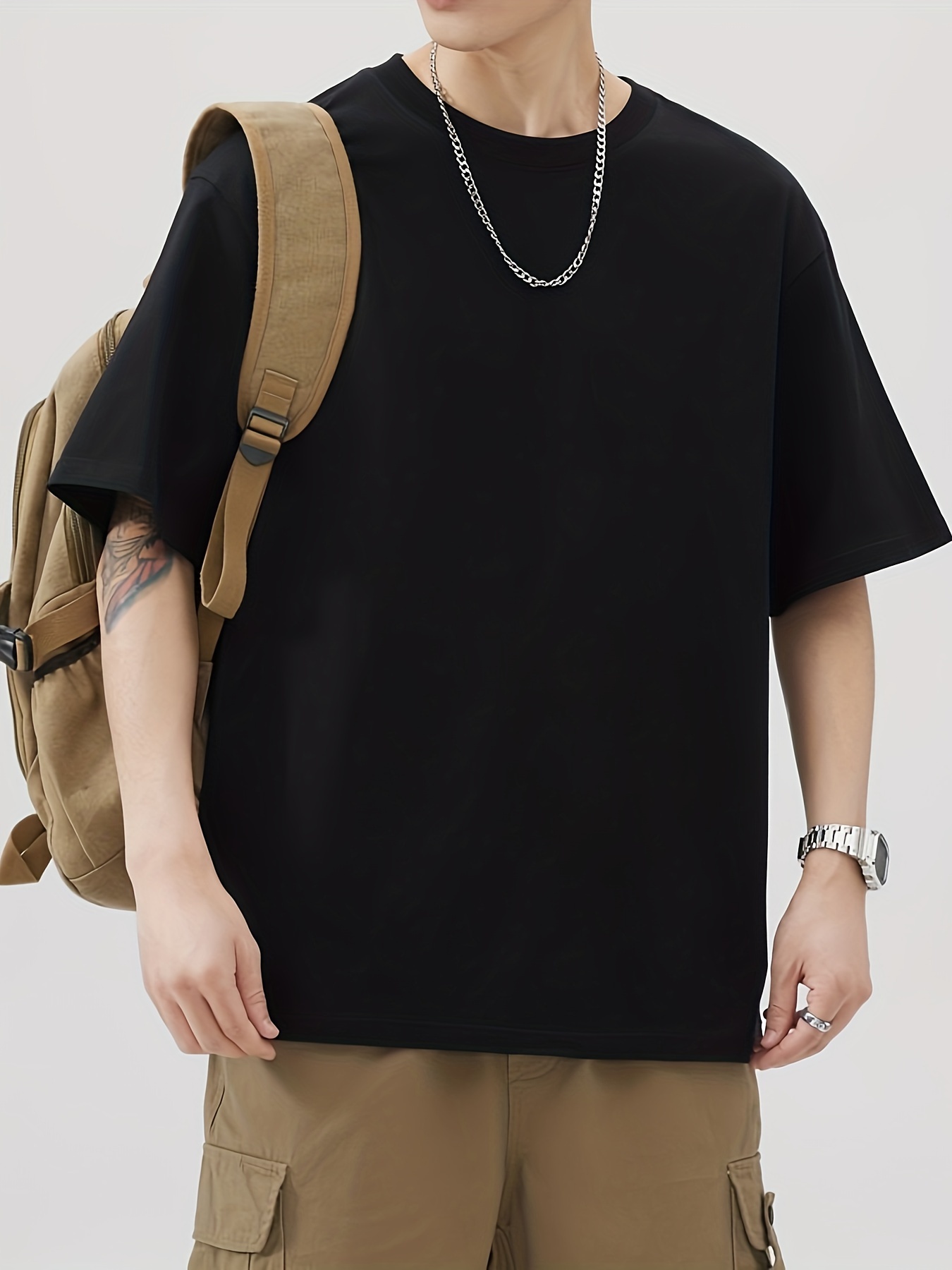 men's casual heavyweight cotton t shirt crew neck solid Temu