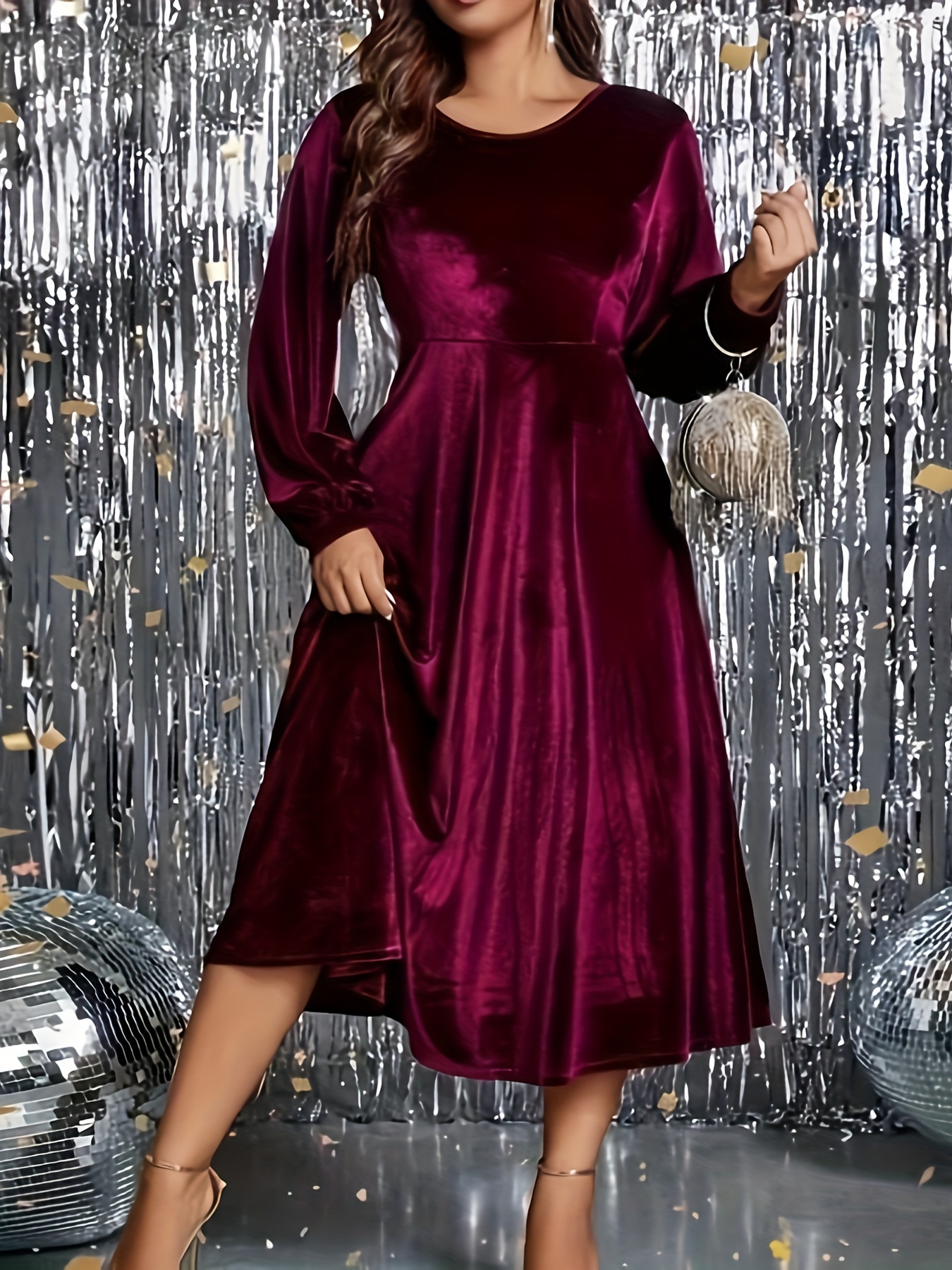 Plus Size Women's Elegant Velour Fleece Long Sleeve Dress Stretchy Fit,  Round Neck with Zipper Back, Machine Washable, Solid Black for