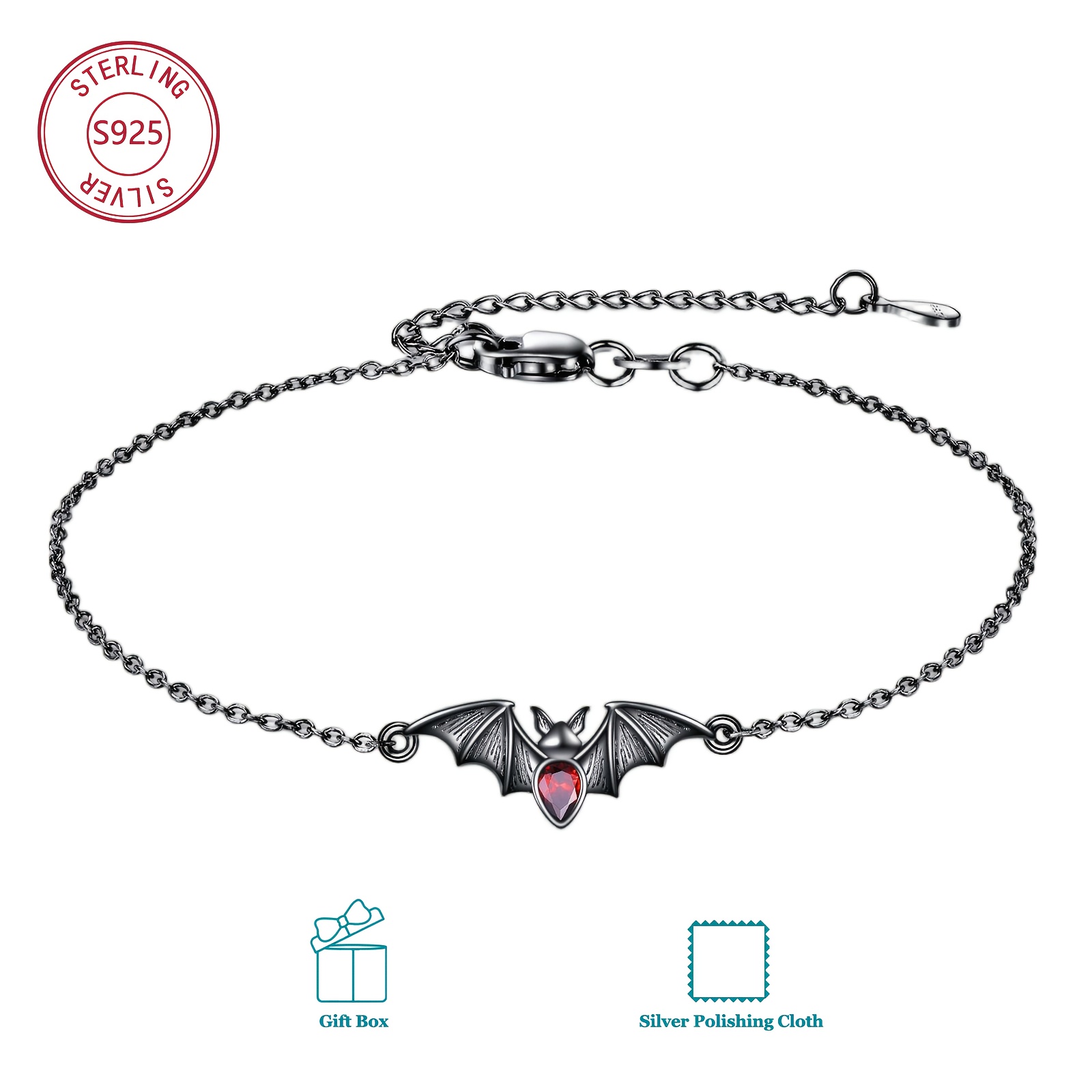 Image of 925 Sterling Silvery Bat Bracelet With Synthetic Synthetic Zirconia Inlay - Gothic Style Shaped Women's Jewelry, Suitable For - Unique Halloween Gift