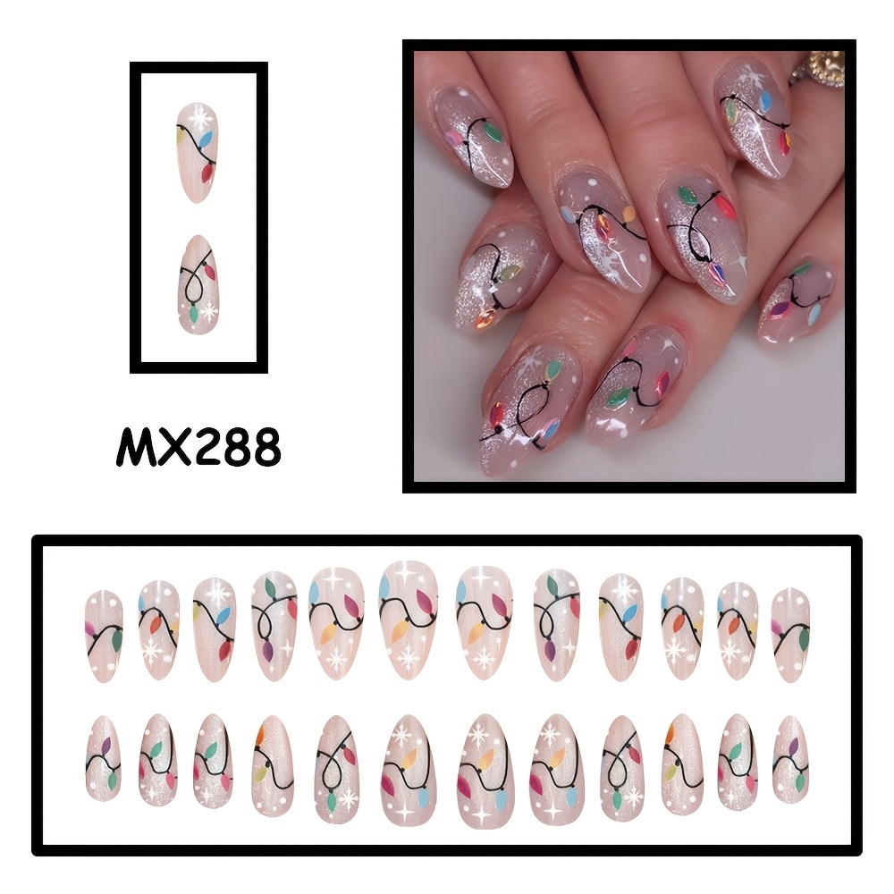 TEMU 24pcs Fine Glitter Nude Sheer Base Colored Christmas Lights Dot Almond Fake Nails With Silvery Glitter Contrast Color Glossy Finish, Detachable