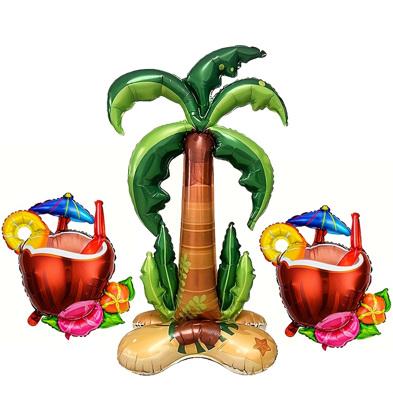 3pcs Standing Coconut Tree And Coconut Foil Balloon Set, Exuding Vibes. Suitable For Theme Parties, Beach Birthday Celebrations, Pool Gatherings