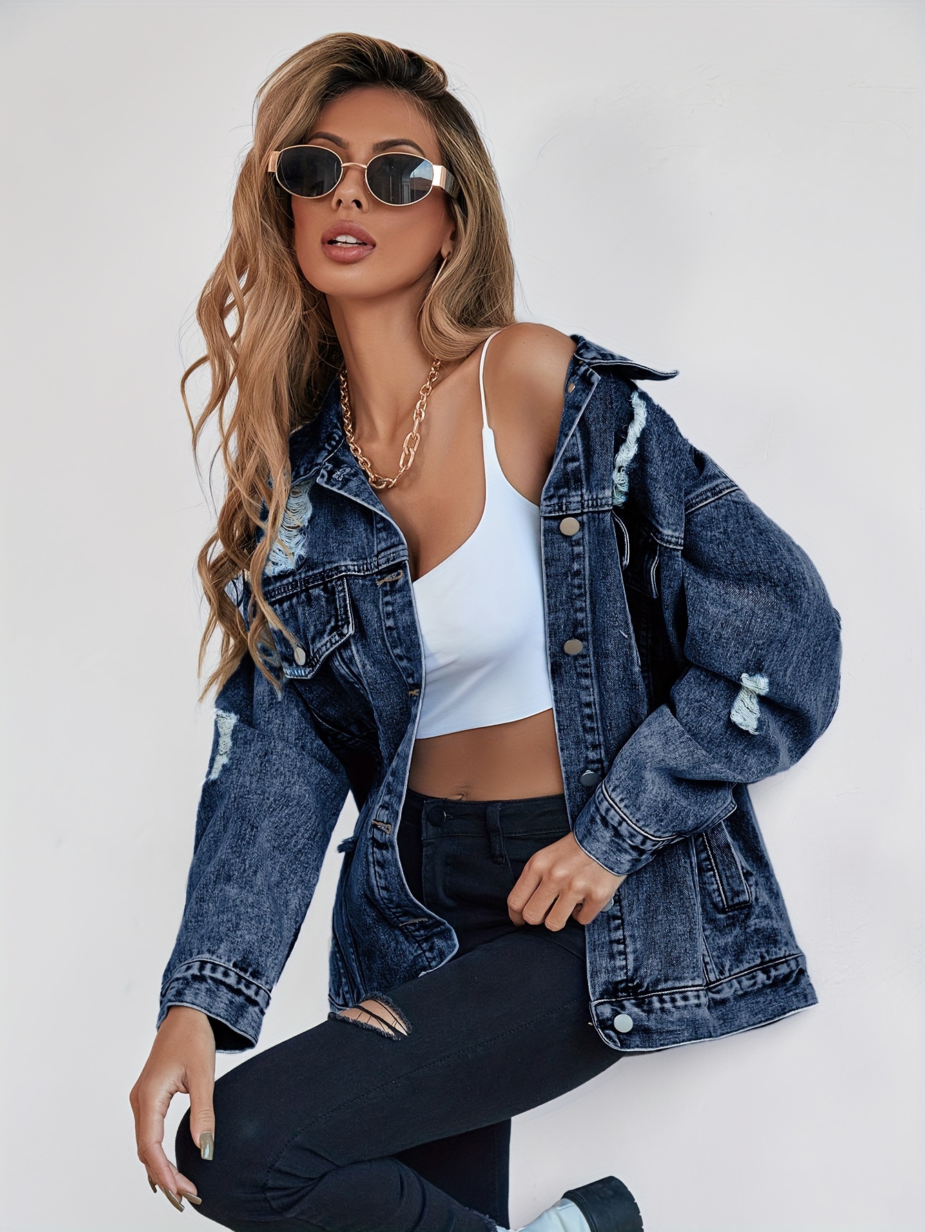 Ripped Washed Oversized Denim Coat Long Sleeve Lapel - Temu