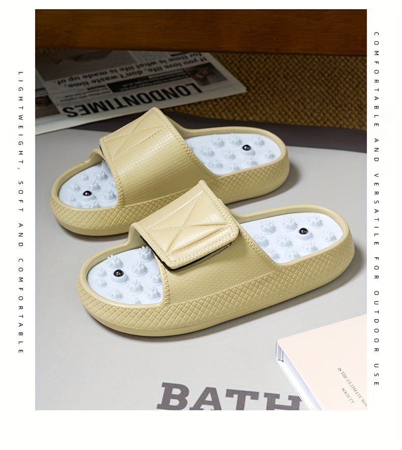 mens   slides non slip thick   beach sandals casual eva upper pvc insole beige white with black accents   indoor outdoor relaxation everyday slippers textured strap design eva construction summer sandals Product details 3