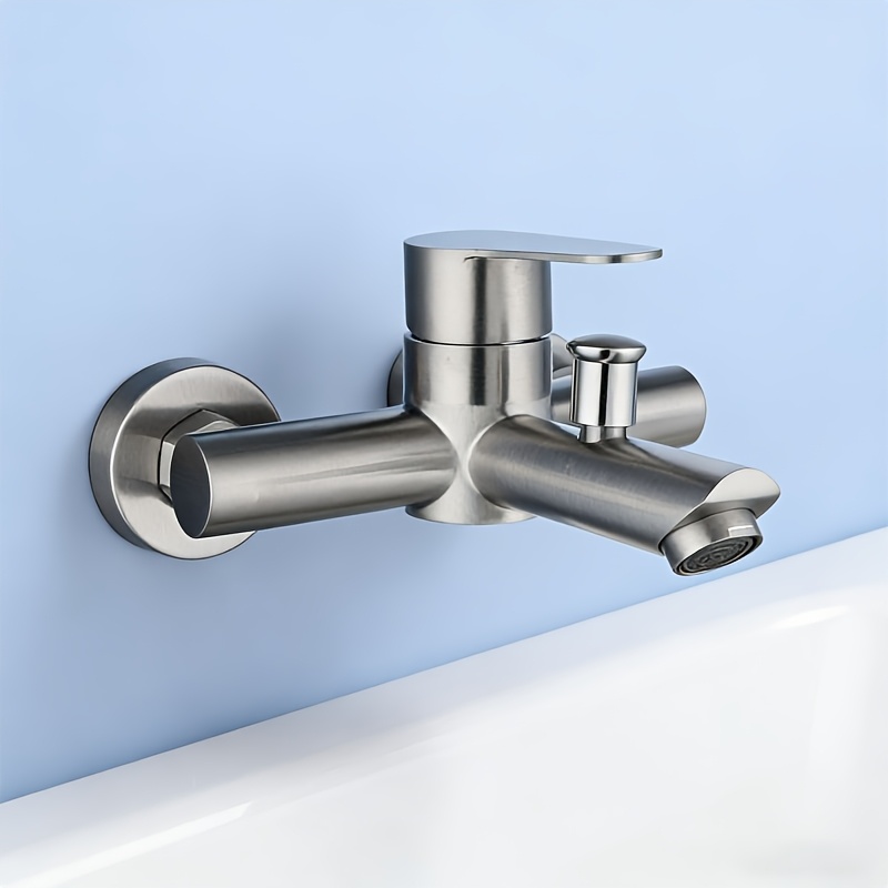 Image of Wall-mounted Bath And Shower Mixer Made Of Stainless Steel, Featuring 2 Spouts, A Single Lever, And A Brushed Nickel End