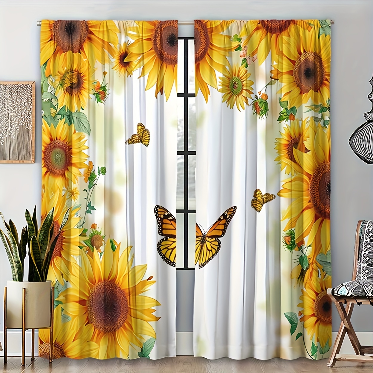 

2pcs Sunflower Print Curtains, Polyester Light Filtering Curtains, Rod Pocket Suitable For Living Room Bedroom Home Decoration