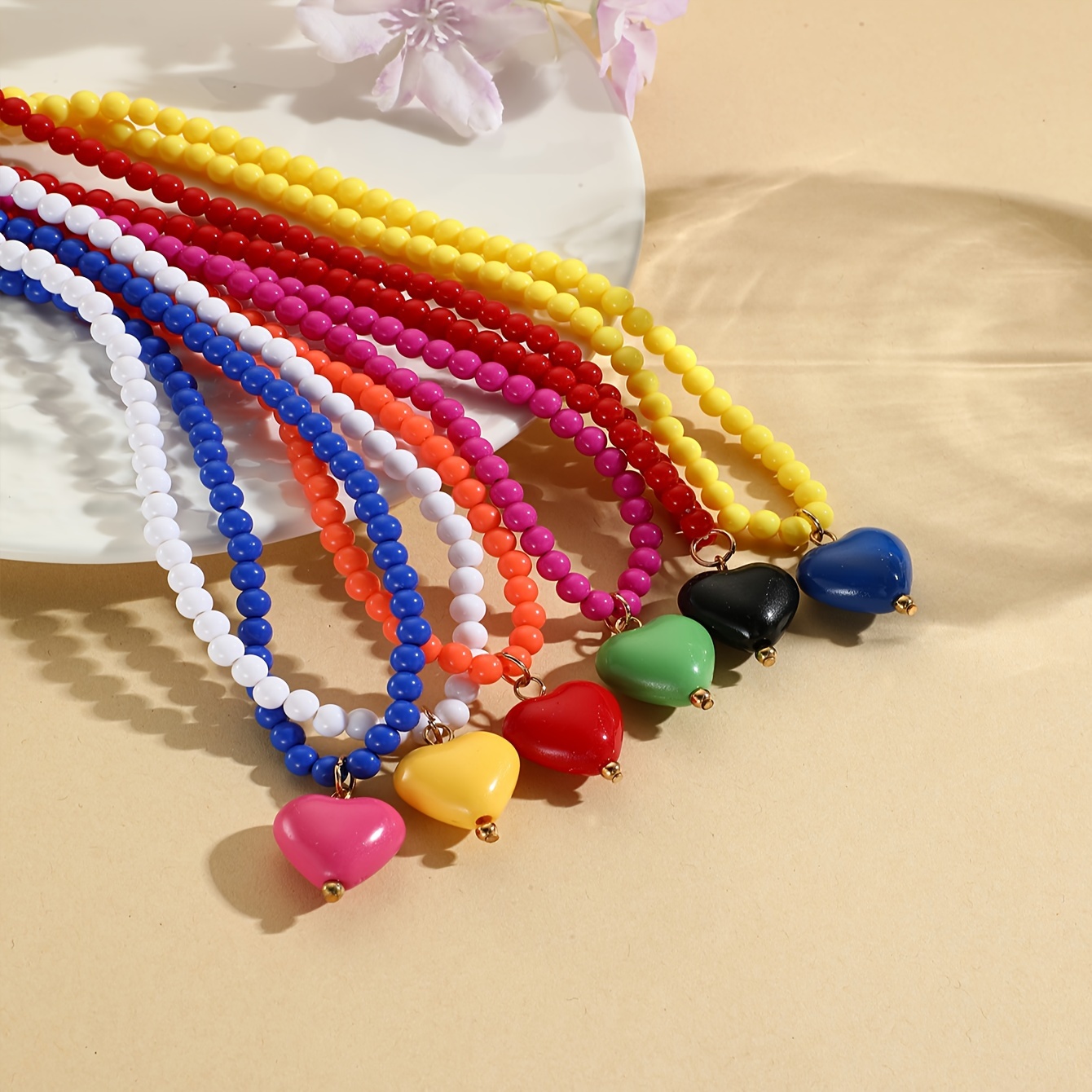 

Colorful Beaded Heart Pendant Necklaces, Cute Candy-colored Jewelry, Simple Style Holiday Gift Choker, Assorted Colorful Beads With Charm Accents