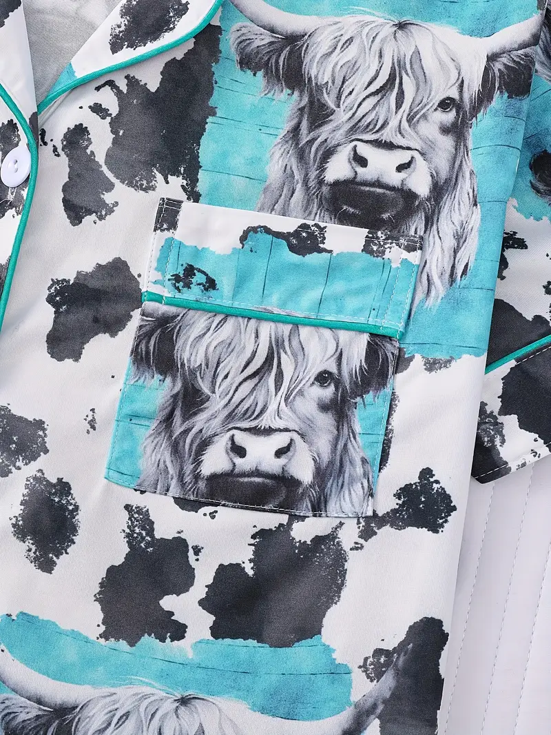 two piece womens white pajama set cow print fabric comfortable for short sleeved button top collar and matching shorts with full body print and pocket details suitable for adult pajama set Product details 3