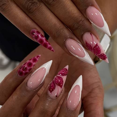3d flowers press on nails long stiletto almond acrylic nails xxl xxxl surface glossy with snake nails reusable sweet y2k style for woman daily date vacation wear festival party 24pcs set