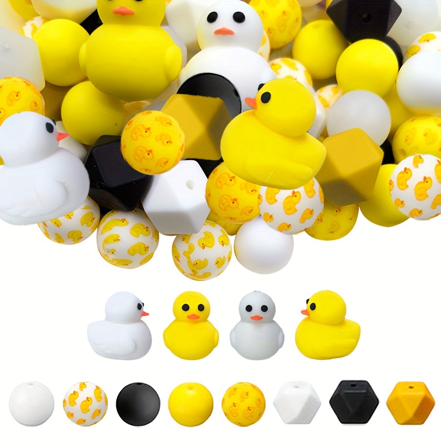 

34pcs Silicone Duck Beads Set - 3d Yellow & White Charms For , Keychains, Phone Chains, And Craft Decorations