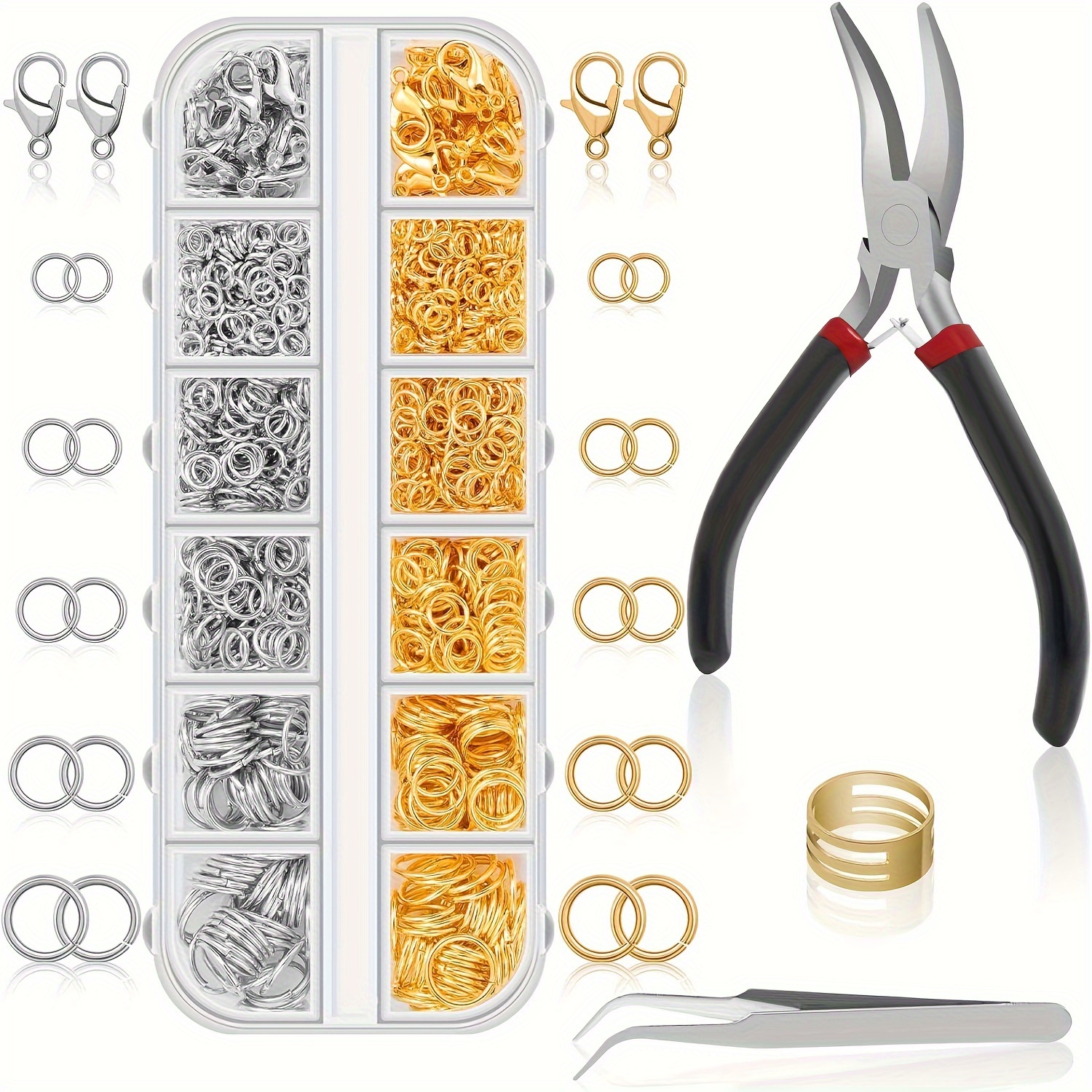 

1200pcs Jewelry Making Kit, Open Jump Rings And Lobster Clasps Set In Silvery And Golden, Zinc Alloy Round Rings With Pliers, Synthetic Stone, Fashion Themed Jewelry Findings Tool Set