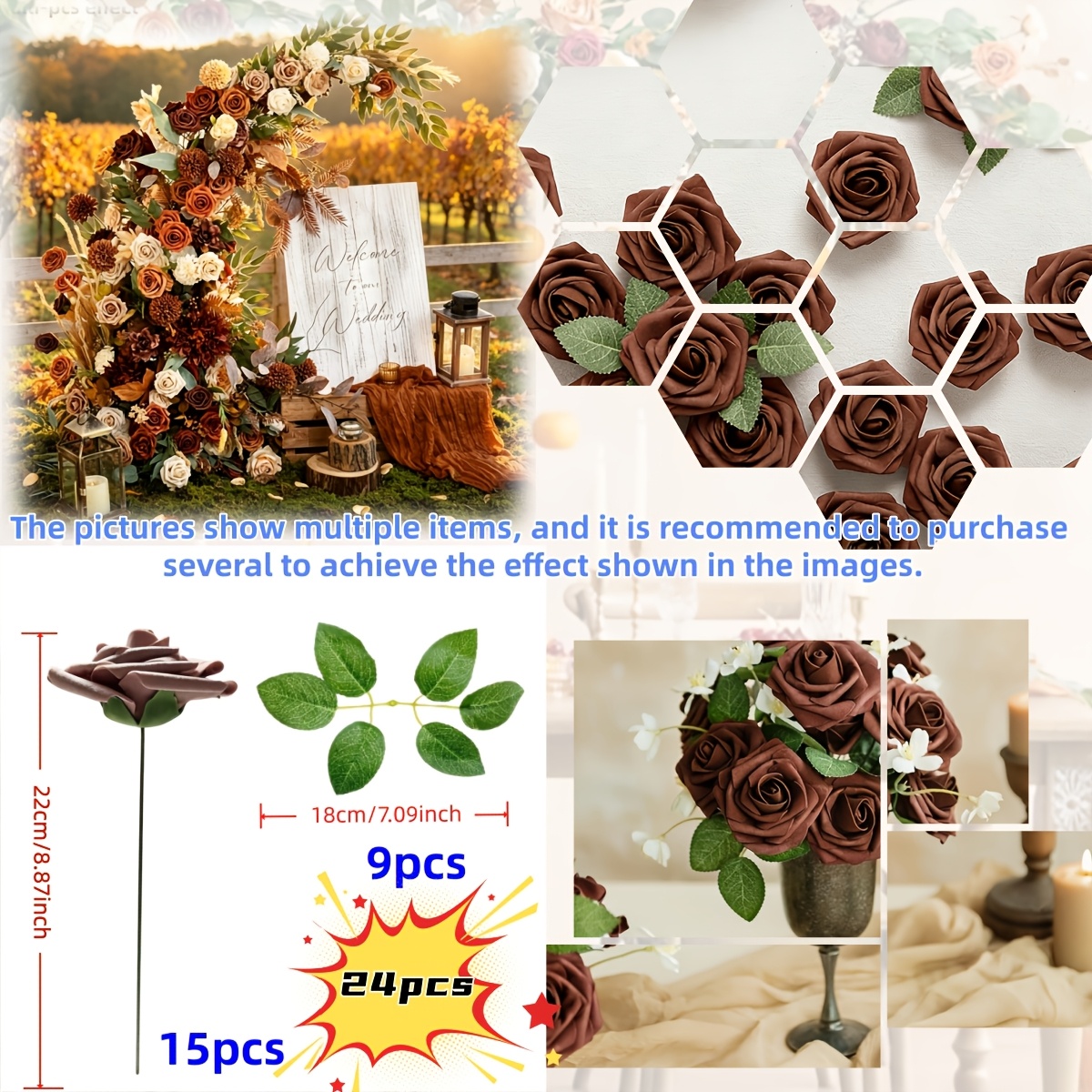 TEMU 24pcs Set Of Brown- Artificial Rose Bouquets With Long Stems And Faux Green Leaves, Featuring Realistic-textured Artificial Roses. Suitable For