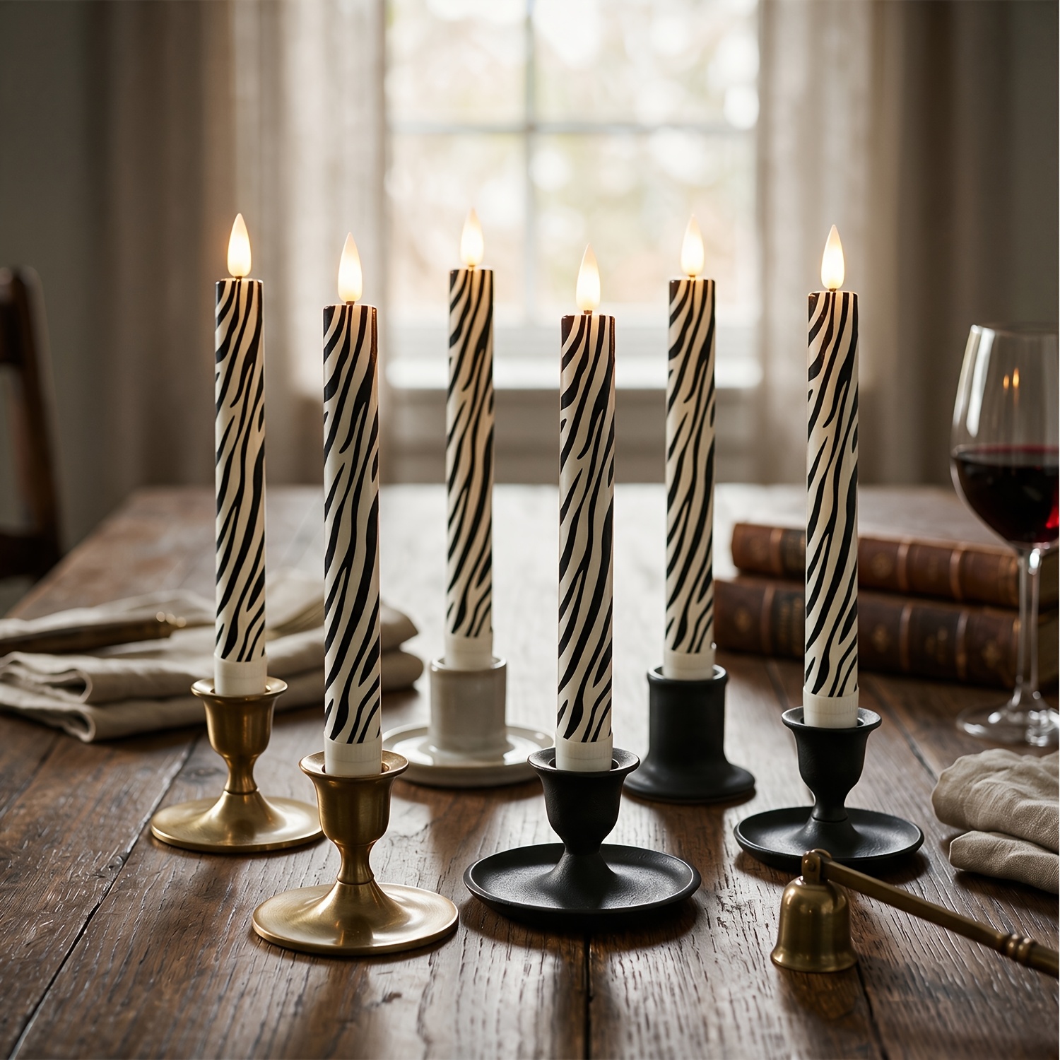 TEMU 6pcs Zebra-striped Pattern Led Flameless Conical Candles, Realistic Flame Candles, Battery-powered, Suitable For Parties, Daily Holiday