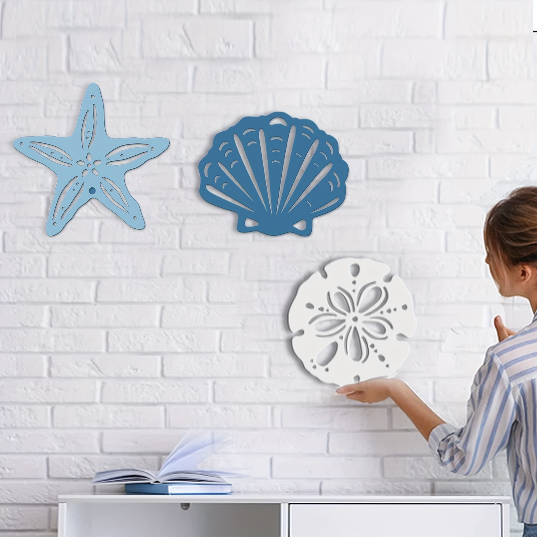 

3-piece Set Of Wooden Ocean-inspired Wall Decor - Creative Home & Bathroom Shell Hangings, Mediterranean Style