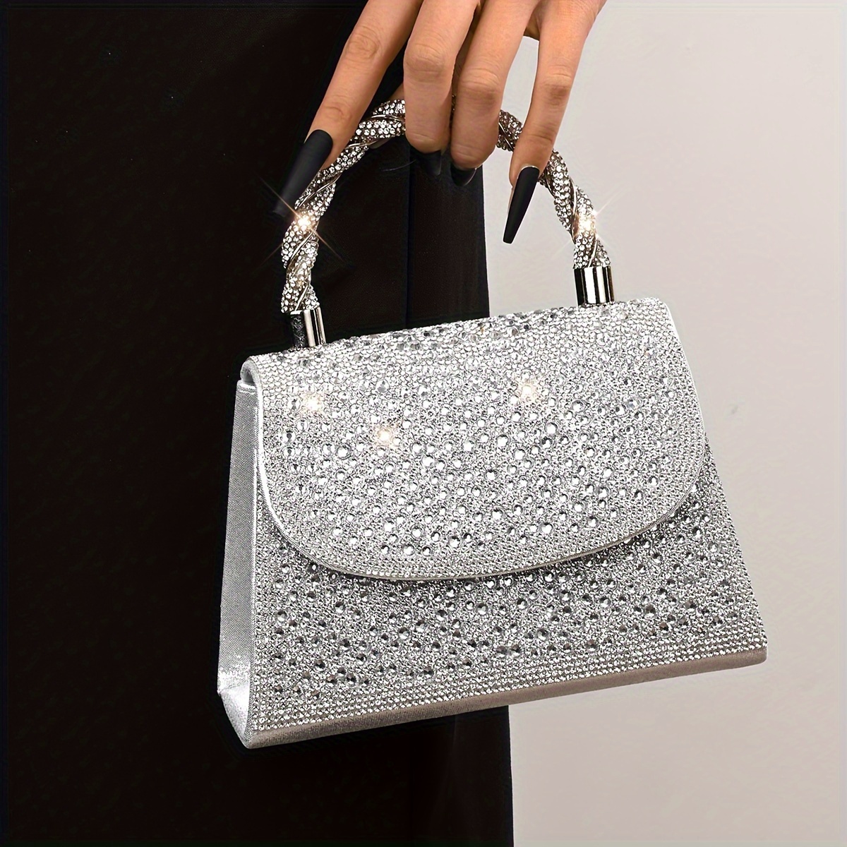 

Classic Mini Glitter Rhinestone Decor Satchel Dinner Bag, Shiny Silvery Party Flap Handbag For Women