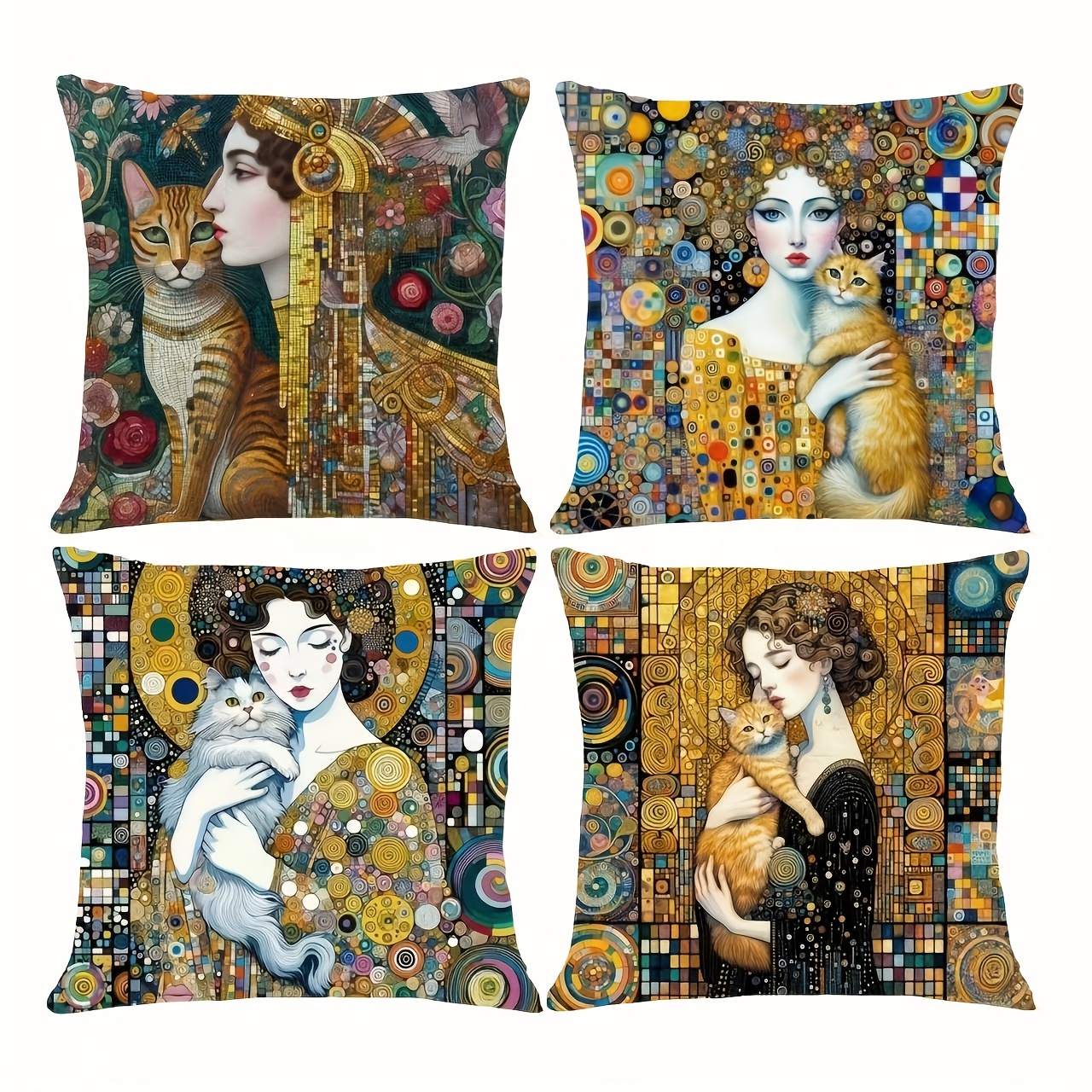 

Vintage Cat And Lady Print Throw Pillow Covers Set Of 4, Decorative Cushion Cases For Home Bedroom Sofa Living Room, Zippered Stain Resistant Polyester Weave, Machine Washable, Room Fit