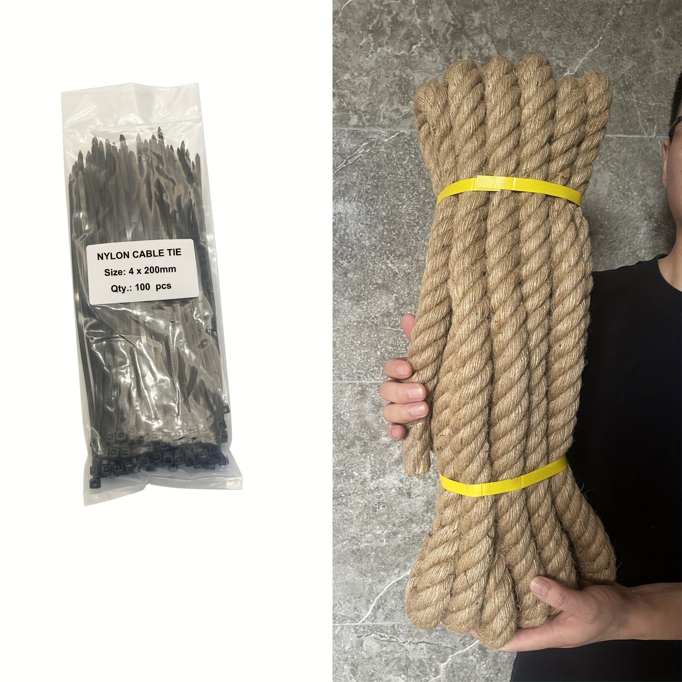 E-shop 10M 30mm Dicke Hanfseil + 100 Stück 200mm Kabelbinder Set | Ideal für Hof-/Rasen-/Garten-Dekorationszäune