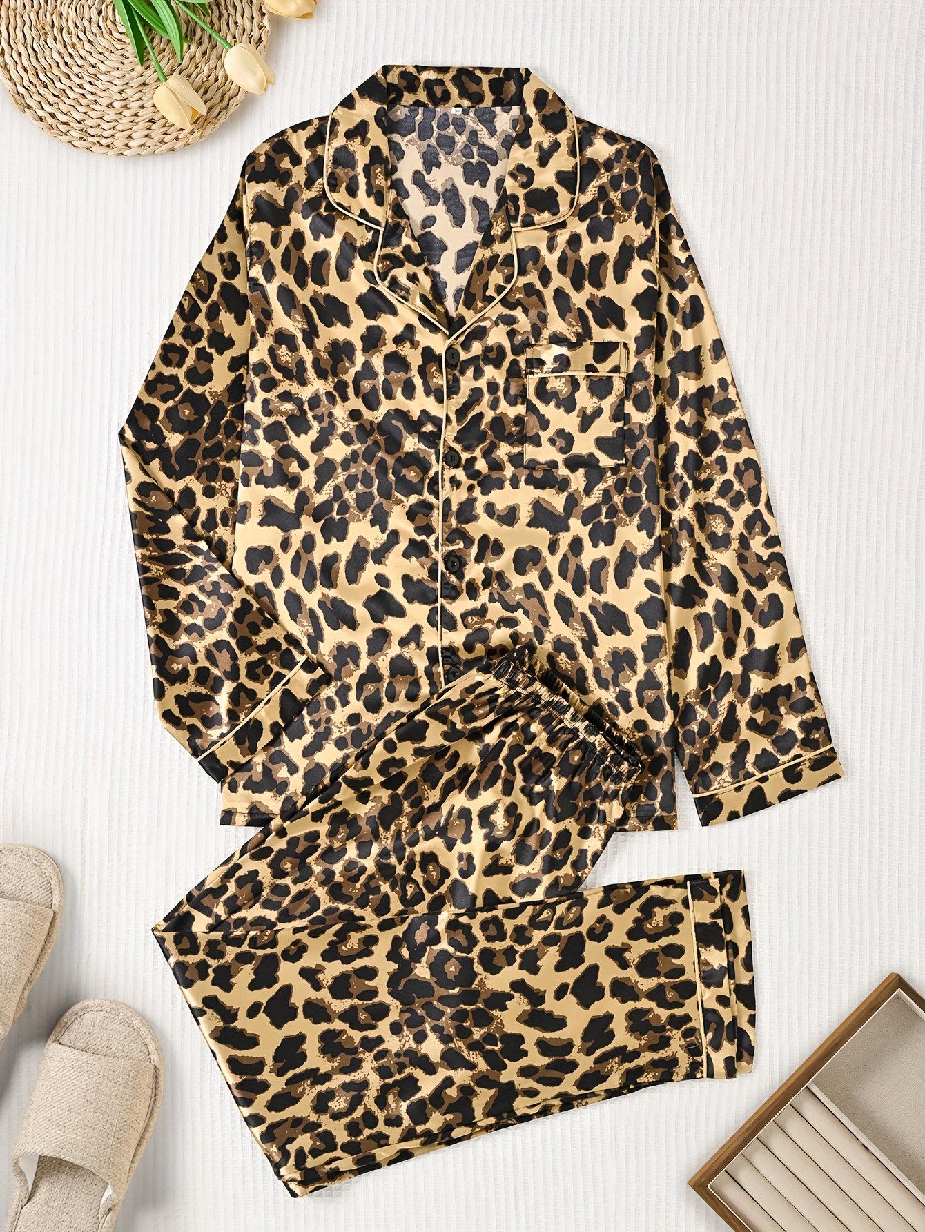 2pcs mens leopard print pajama set casual long sleeve shirt Temu