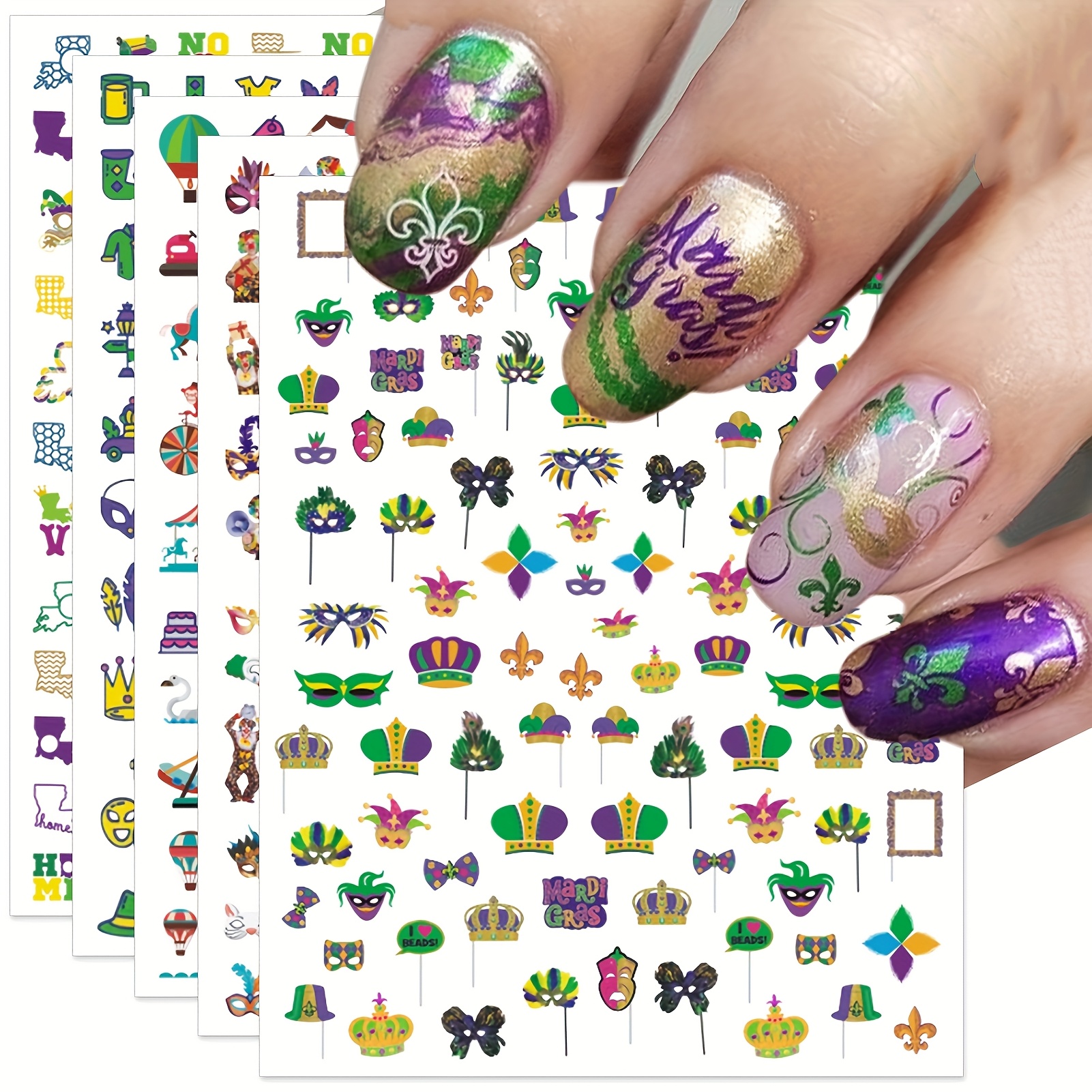 

5pcs Sogayu Mardi Gras Nail Art Stickers - Vibrant 3d Masks, Beads, & Crowns, Self-adhesive Decals In Purple, Green & Yellow For Festive , Nail Stickers