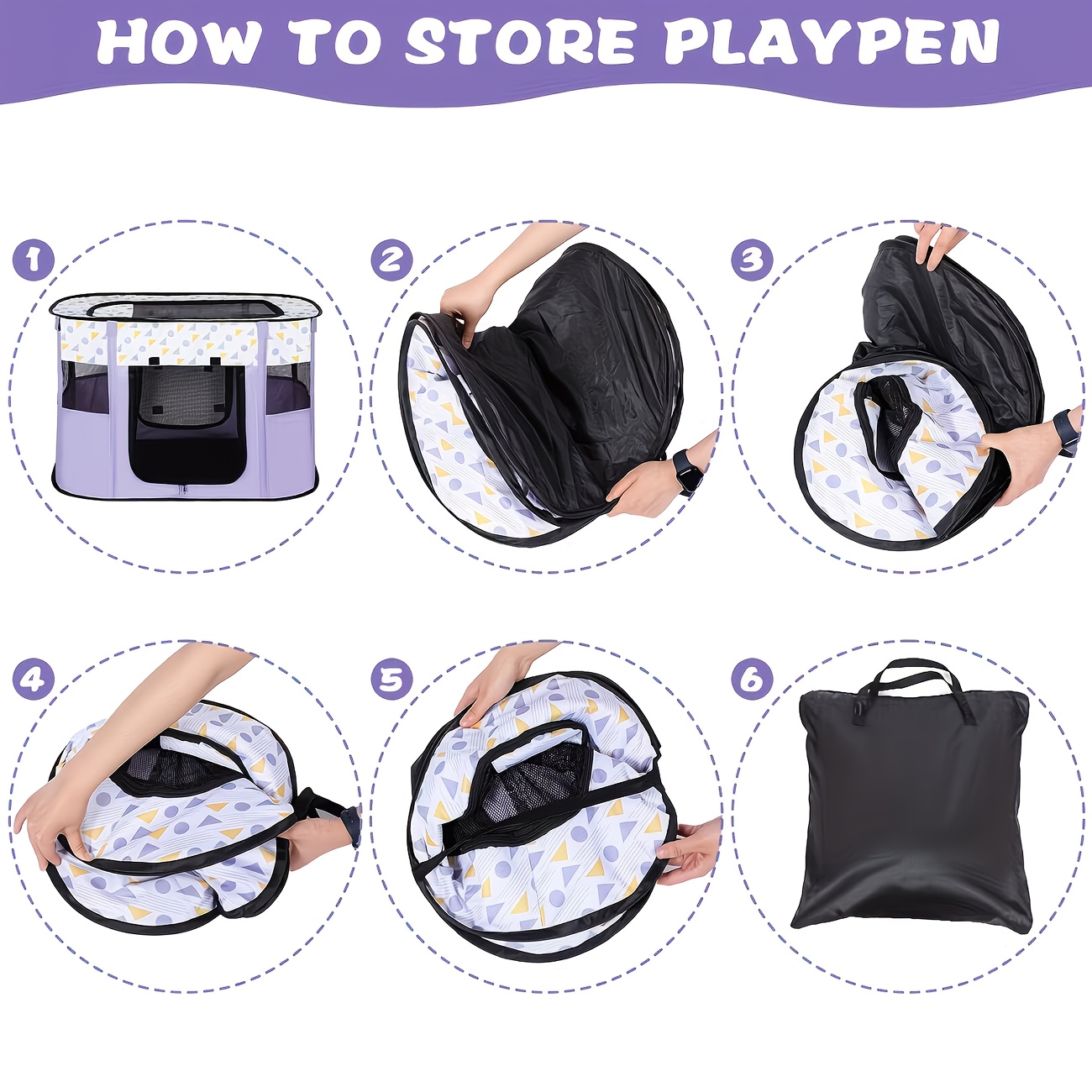 Playpen folding and storage steps