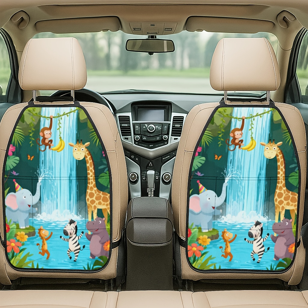 TEMU 2pcs 2d Printed Car Seat Back Protector Pads, Jungle Animals Party Theme Pattern Printed Car Seat Back Protector Pads - Anti-kick Pads, , With