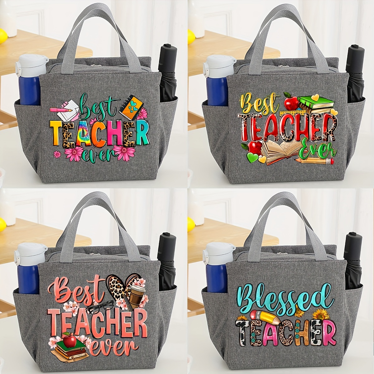 

Teacher Appreciation Canvas Lunch Tote, Insulated Portable Cooler Bag With Foil Lining For Office And School, "best Teacher Ever" & "blessed Teacher" Designs Bag For Teacher Day Gift