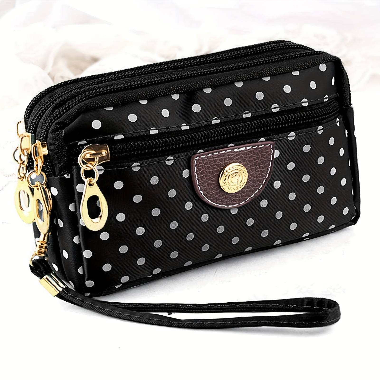 

Elegant Polka Dot Nylon Clutch Wallet, With 4 Zipper Pockets, Coin And Key Holder, Phone Purse For Women, With Polyester , For Running And Casual Wear