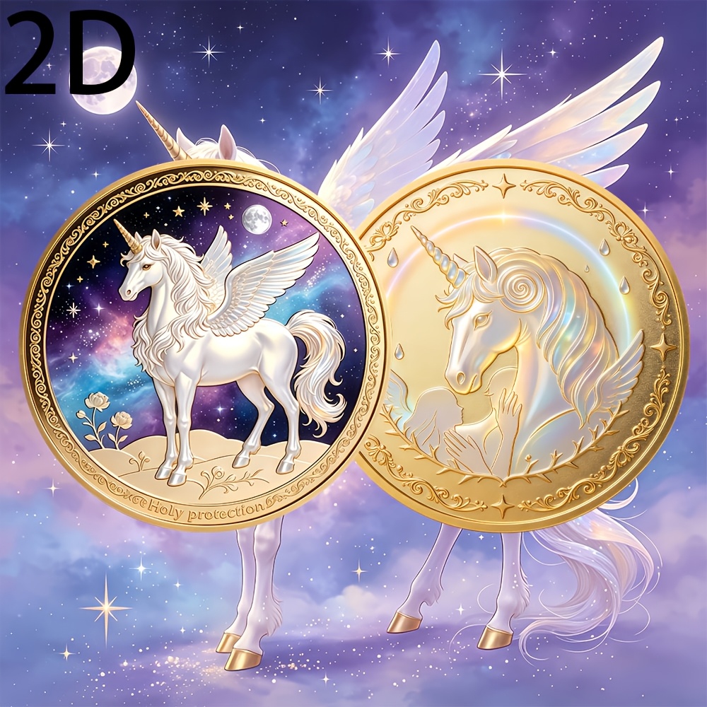 Image of 1pc 2d Double-sided Unicorn Commemorative Coin, Guardian Theme Metal Coin With Winged Unicorn Design, Starry Background, Meaningful Symbolism Of Purity And , Niche Creative Collectible Ornament