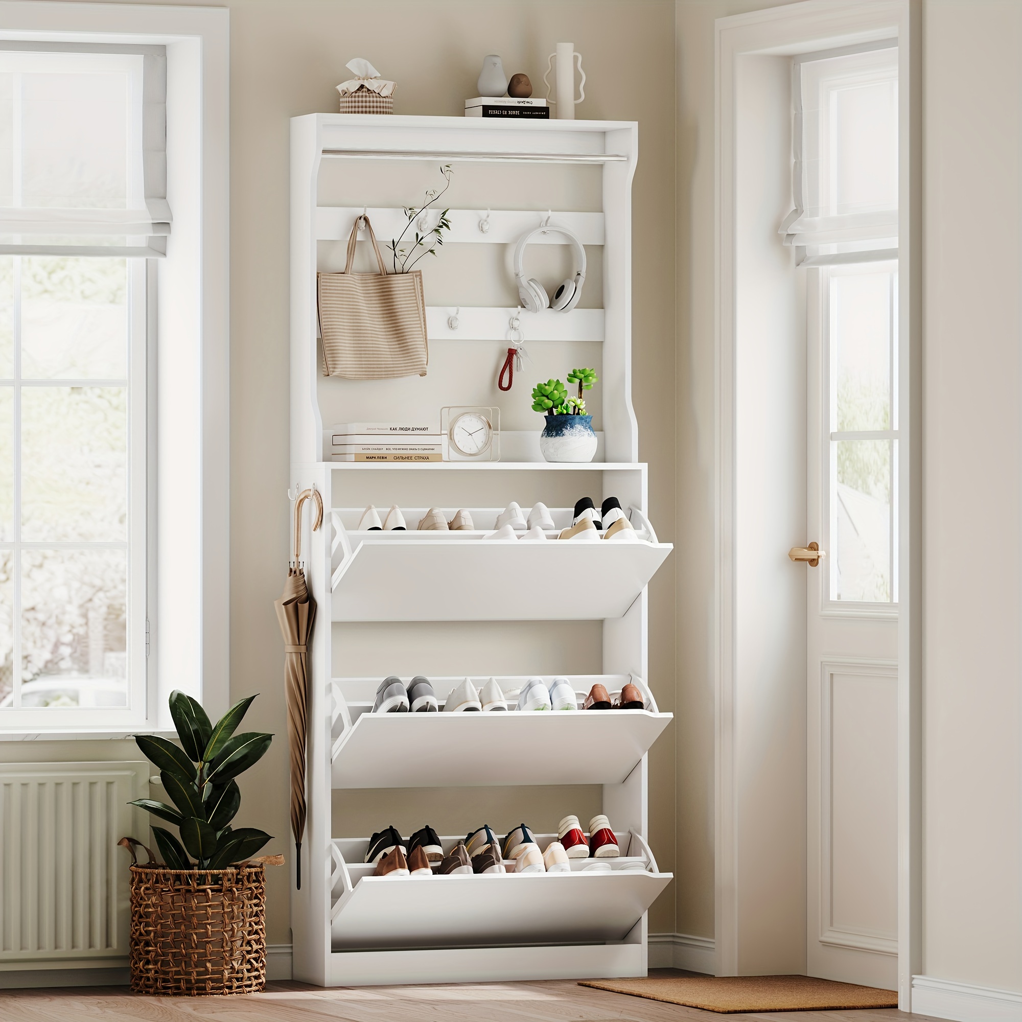 Shoe Cabinet with Coat Rack for Entryway, Freestanding Hidden Shoe Storage  with Flip Drawers, Narrow Shoe Rack Storage Organizer for Entryway