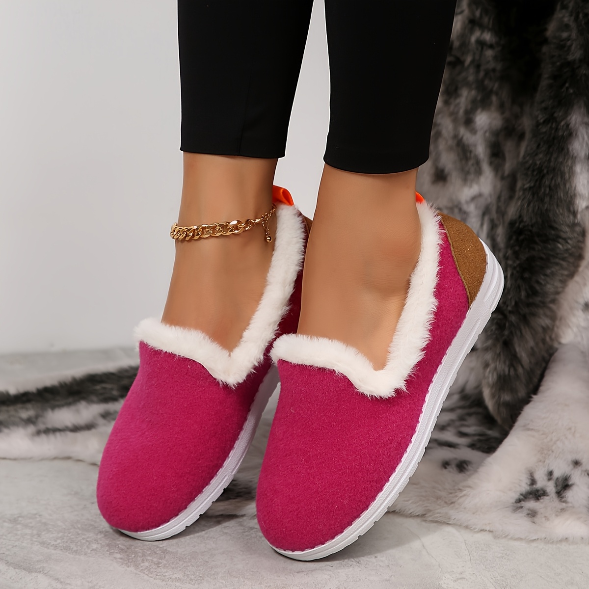 womens winter plush like penny loafers soft warm round toe slip on shoes with white rubber sole cozy fabric insole hand washable indoor   style low cut flats for cold weather white 9