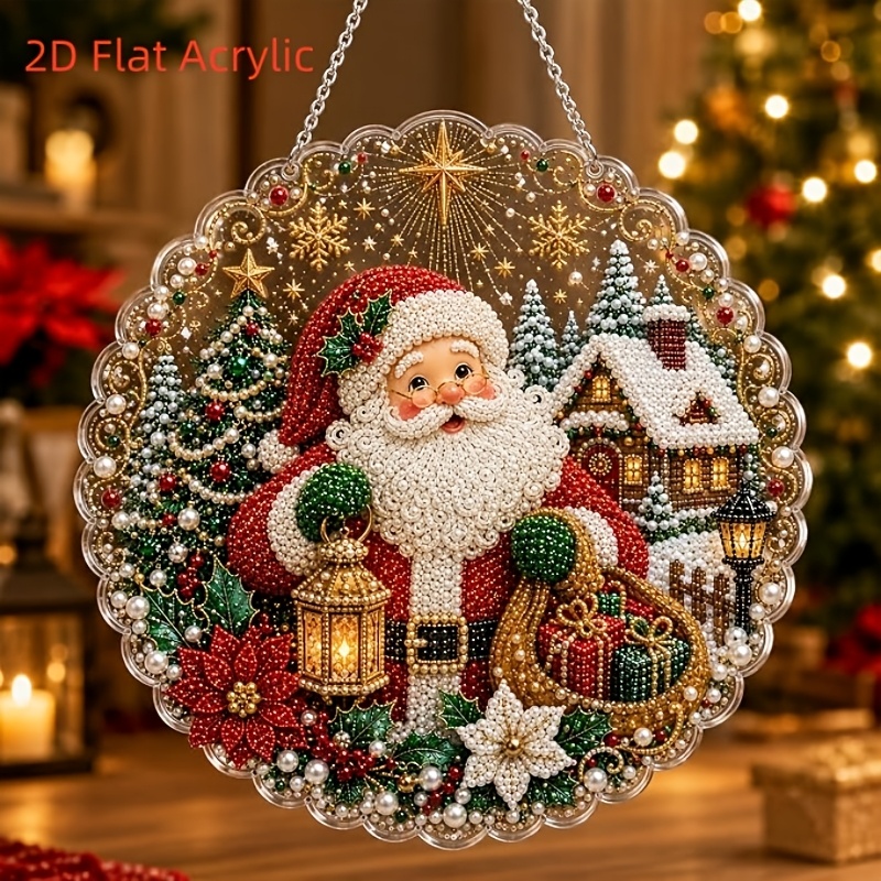 TEMU Handmade 2d Flat Diamond Painting Featuring Santa Claus, Christmas Tree, And Snowflake Patterns. | Pre-assembled Metal Chain With Lace- Acrylic