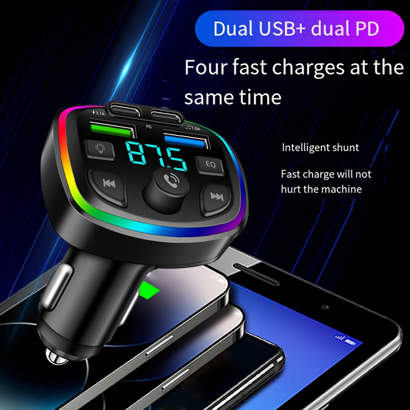 автомобильный беспроводной mp3-плеер с эквалайзером и интеллектуальной настройкой, красочной подсветкой, двойным usb 3.1a pd для быстрой зарядки и беспроводным fm-трансмиттером. 2