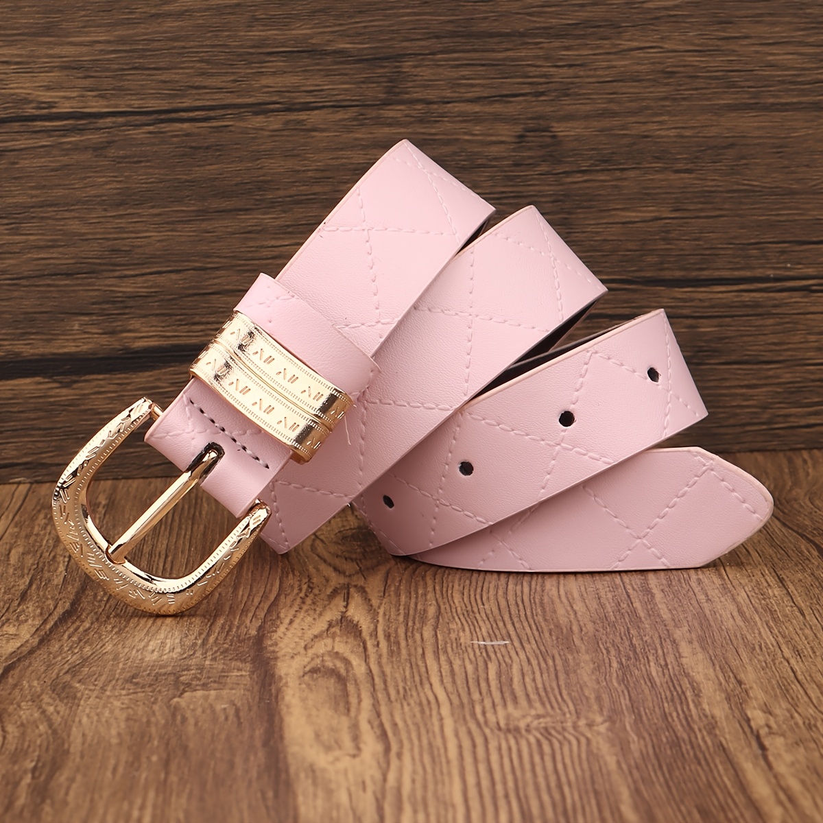 TEMU Rhombus Pattern Embossed Pu Belt, Single Piece, 2026 New Women's Vintage Carved Golden Buckle Versatile Belt, 2.8cm/multiple Colors Available,