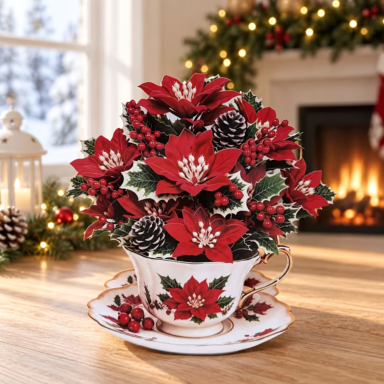 TEMU 1pc 3d Christmas Greeting Card, Flower Cup Shape, 20 X 19cm, Foldable Holiday Blessing Card, Suitable For Christmas, Gifts, And Holiday Decor,