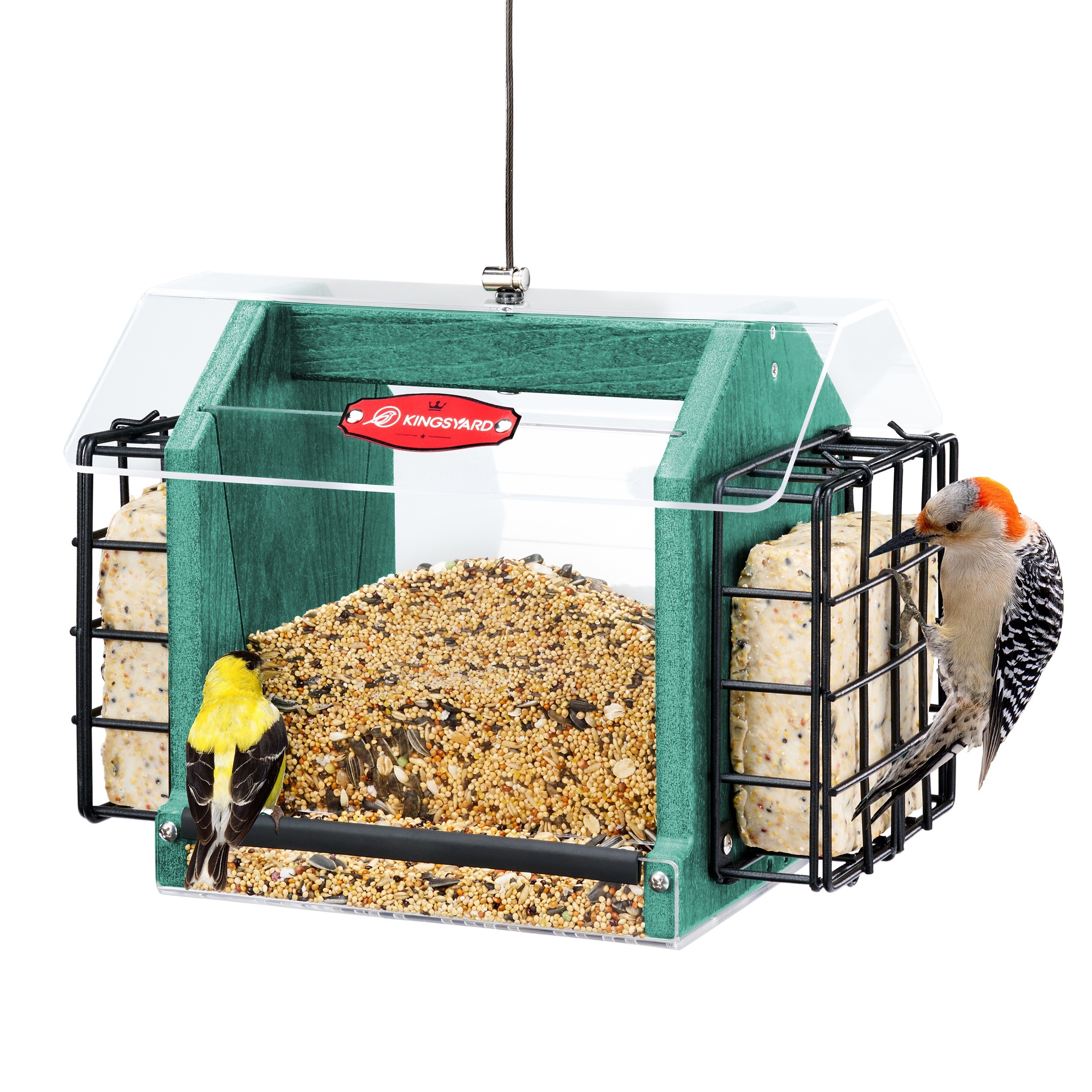 

Kingsyard Bird Feeder For Outdoors Hanging - Recycled Plastic Double Wild Bird Feeder With Weatherproof Roof & Metal Mesh Tray, 3 Lbs Large Seed Capacity