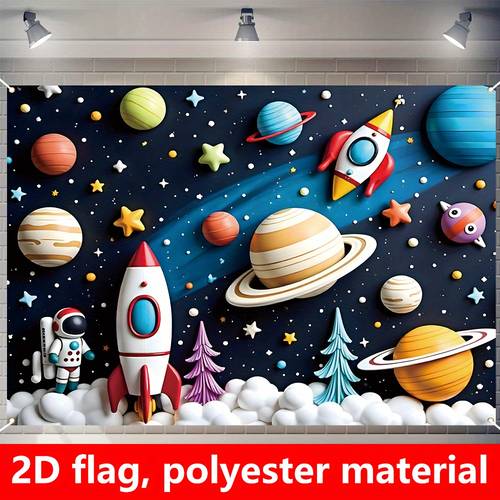 1pc 2d flag happy birthday decoration flag 210cm 150cm 82 7 inches 59 0 inches space planet pattern happy birthday theme decoration flag birthday party wall and courtyard decoration supplies polyester birthday decoration flag